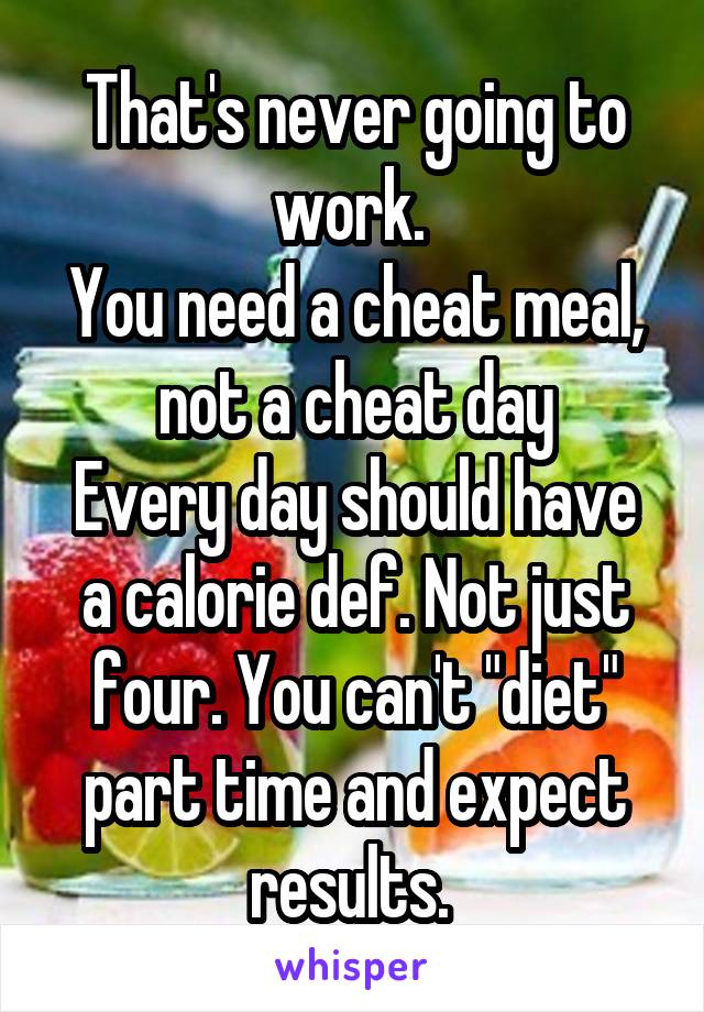 That's never going to work. 
You need a cheat meal, not a cheat day
Every day should have a calorie def. Not just four. You can't "diet" part time and expect results. 