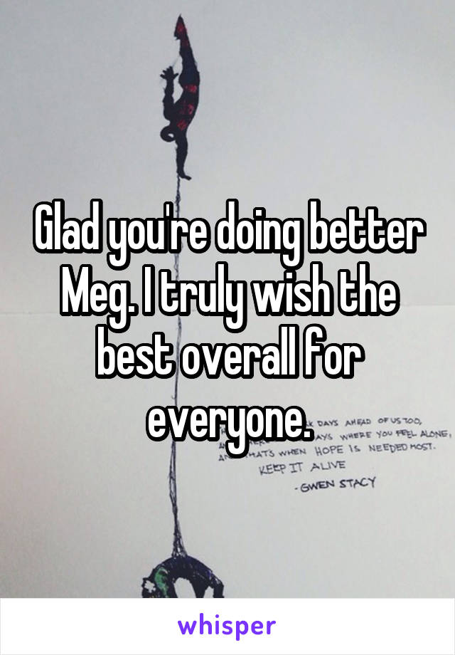 Glad you're doing better Meg. I truly wish the best overall for everyone.