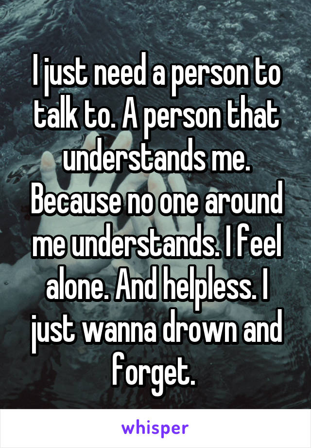I just need a person to talk to. A person that understands me. Because no one around me understands. I feel alone. And helpless. I just wanna drown and forget. 
