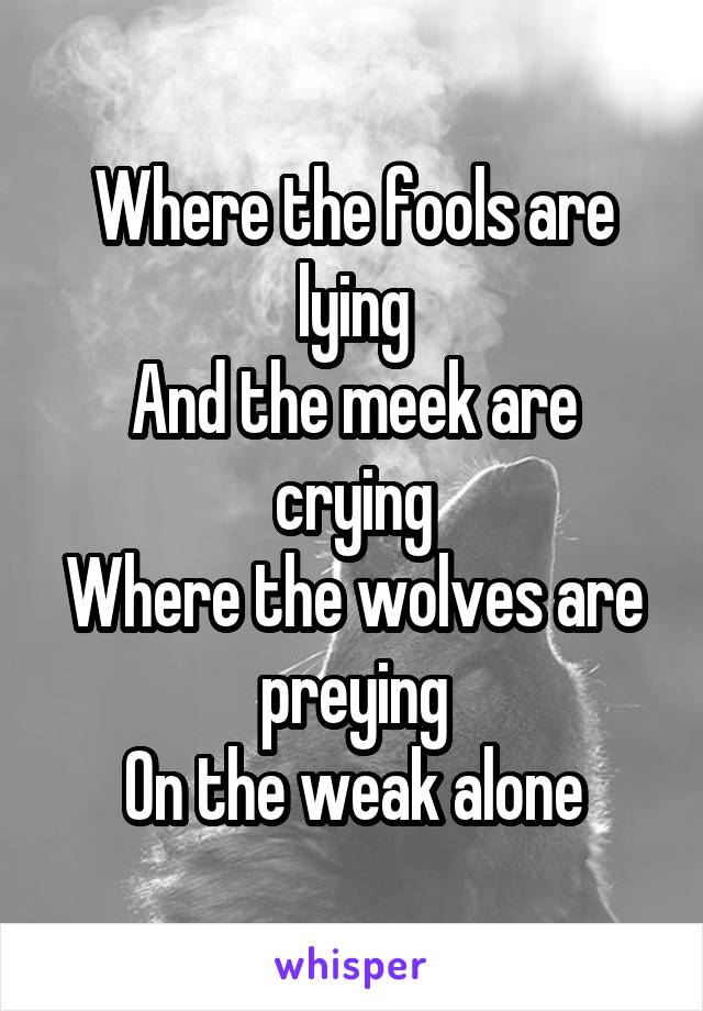 Where the fools are lying
And the meek are crying
Where the wolves are preying
On the weak alone