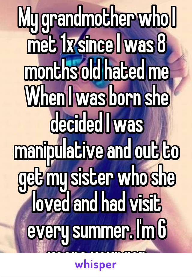My grandmother who I met 1x since I was 8 months old hated me When I was born she decided I was manipulative and out to get my sister who she loved and had visit every summer. I'm 6 years younger