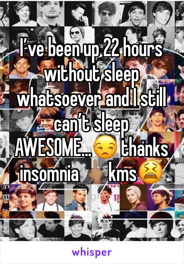 I’ve been up 22 hours without sleep whatsoever and I still can’t sleep AWESOME...😒 thanks insomnia 🖕🏽kms😫