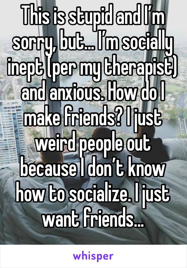 This is stupid and I’m sorry, but... I’m socially inept (per my therapist) and anxious. How do I make friends? I just weird people out because I don’t know how to socialize. I just want friends...