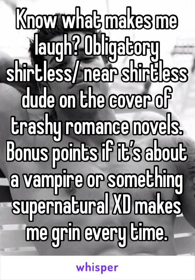 Know what makes me laugh? Obligatory shirtless/ near shirtless dude on the cover of trashy romance novels. Bonus points if it’s about a vampire or something supernatural XD makes me grin every time.