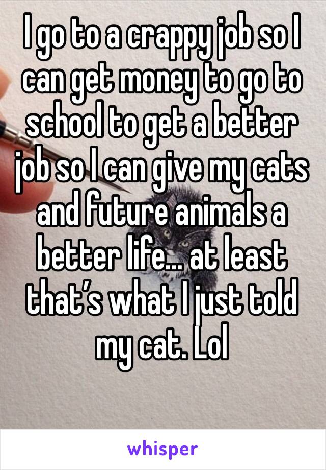 I go to a crappy job so I can get money to go to school to get a better job so I can give my cats and future animals a better life... at least that’s what I just told my cat. Lol