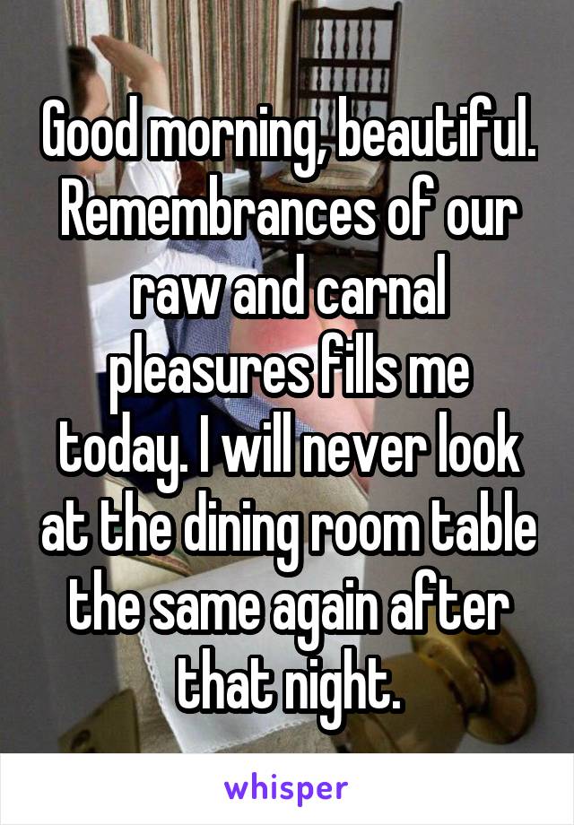 Good morning, beautiful. Remembrances of our raw and carnal pleasures fills me today. I will never look at the dining room table the same again after that night.