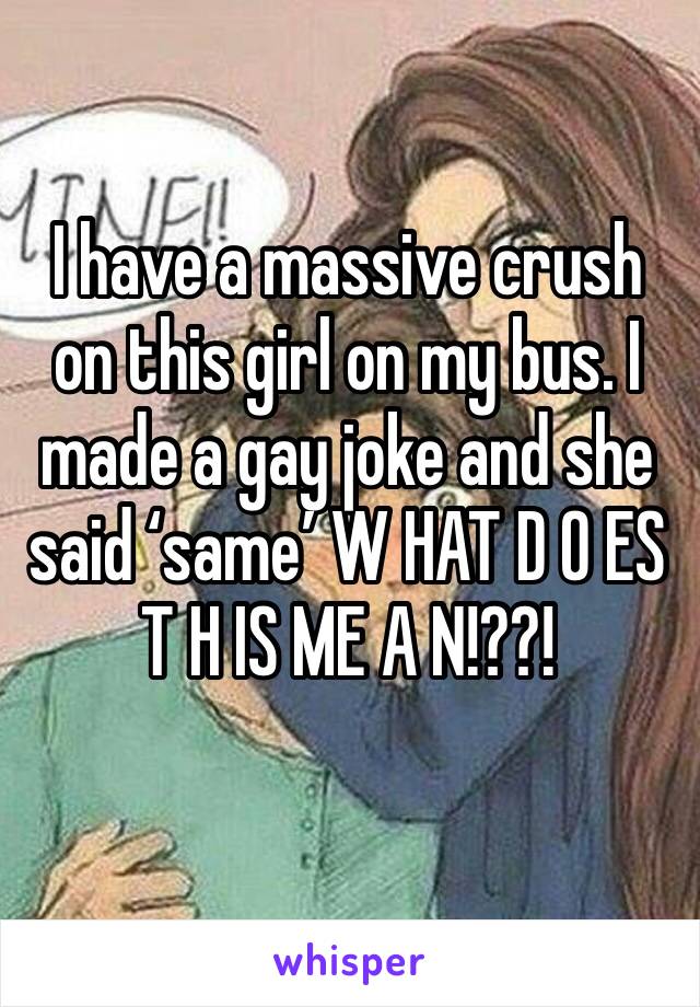 I have a massive crush on this girl on my bus. I made a gay joke and she said ‘same’ W HAT D O ES T H IS ME A N!??!