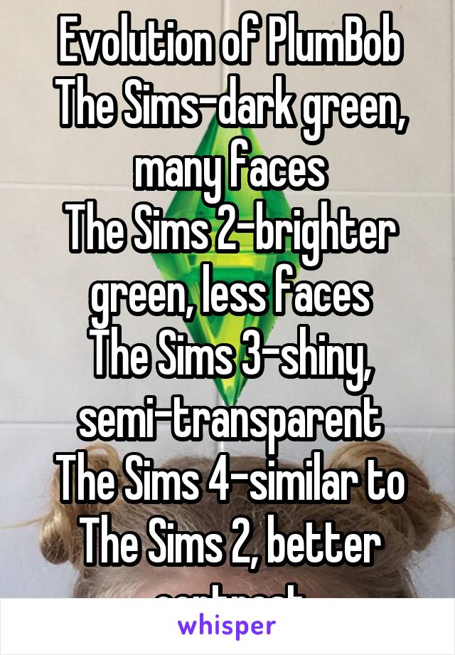 Evolution of PlumBob
The Sims-dark green, many faces
The Sims 2-brighter green, less faces
The Sims 3-shiny, semi-transparent
The Sims 4-similar to The Sims 2, better contrast