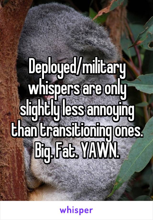 Deployed/military whispers are only slightly less annoying than transitioning ones.
Big. Fat. YAWN.