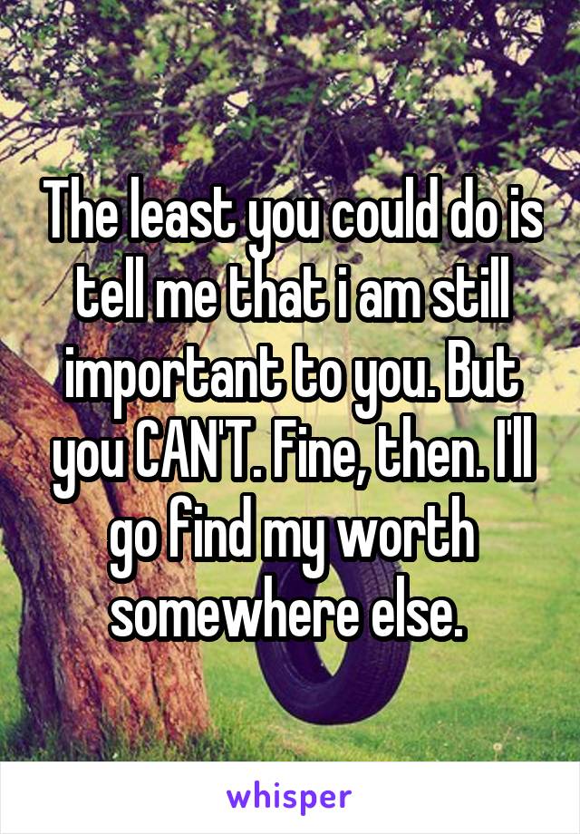 The least you could do is tell me that i am still important to you. But you CAN'T. Fine, then. I'll go find my worth somewhere else. 