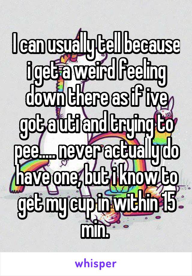 I can usually tell because i get a weird feeling down there as if ive got a uti and trying to pee..... never actually do have one, but i know to get my cup in within 15 min. 