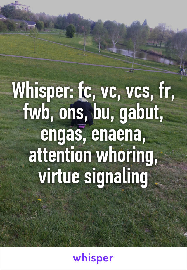 Whisper: fc, vc, vcs, fr, fwb, ons, bu, gabut, engas, enaena, attention whoring, virtue signaling