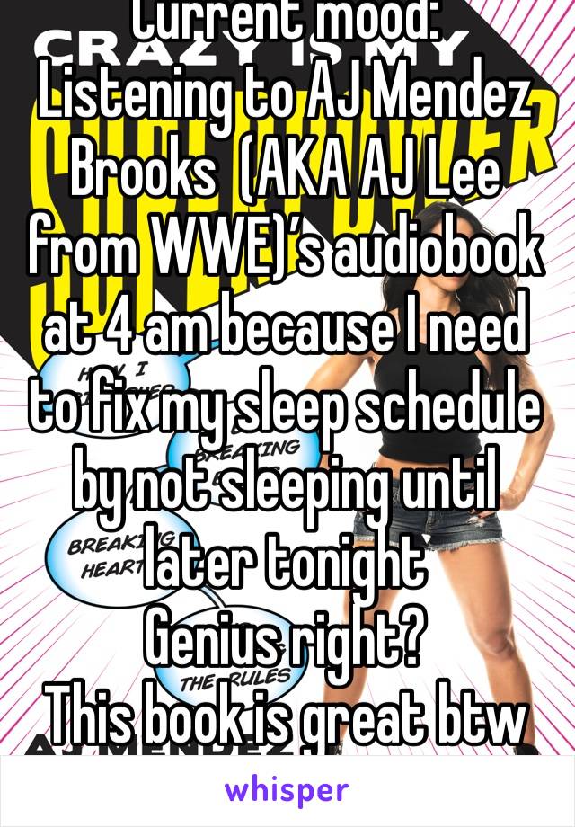 Current mood:
Listening to AJ Mendez Brooks  (AKA AJ Lee from WWE)’s audiobook at 4 am because I need to fix my sleep schedule by not sleeping until later tonight
Genius right?
This book is great btw