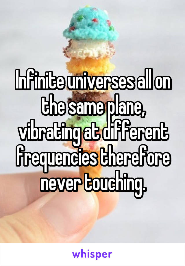Infinite universes all on the same plane, vibrating at different frequencies therefore never touching.