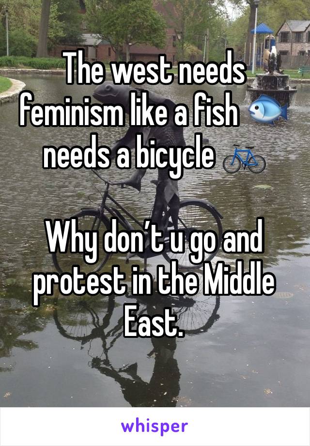 The west needs feminism like a fish 🐟 needs a bicycle 🚲 

Why don’t u go and protest in the Middle East.