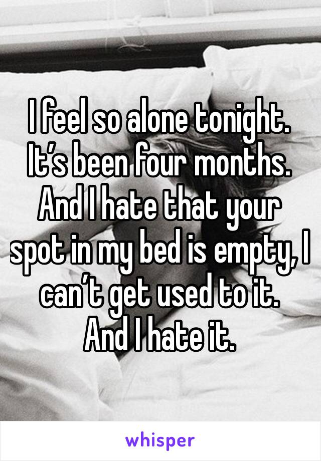 I feel so alone tonight. It’s been four months. And I hate that your spot in my bed is empty, I can’t get used to it. 
And I hate it.