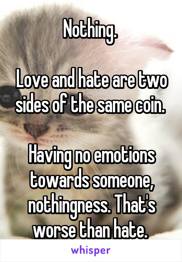 Nothing. 

Love and hate are two sides of the same coin. 

Having no emotions towards someone, nothingness. That's worse than hate. 