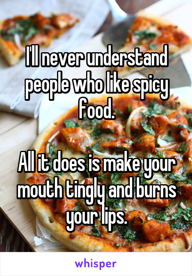 I'll never understand people who like spicy food.

All it does is make your mouth tingly and burns your lips.