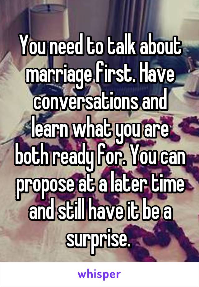 You need to talk about marriage first. Have conversations and learn what you are both ready for. You can propose at a later time and still have it be a surprise. 