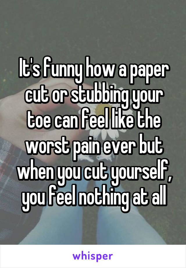 It's funny how a paper cut or stubbing your toe can feel like the worst pain ever but when you cut yourself, you feel nothing at all