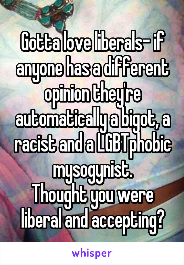 Gotta love liberals- if anyone has a different opinion they're automatically a bigot, a racist and a LGBTphobic mysogynist.
Thought you were liberal and accepting?