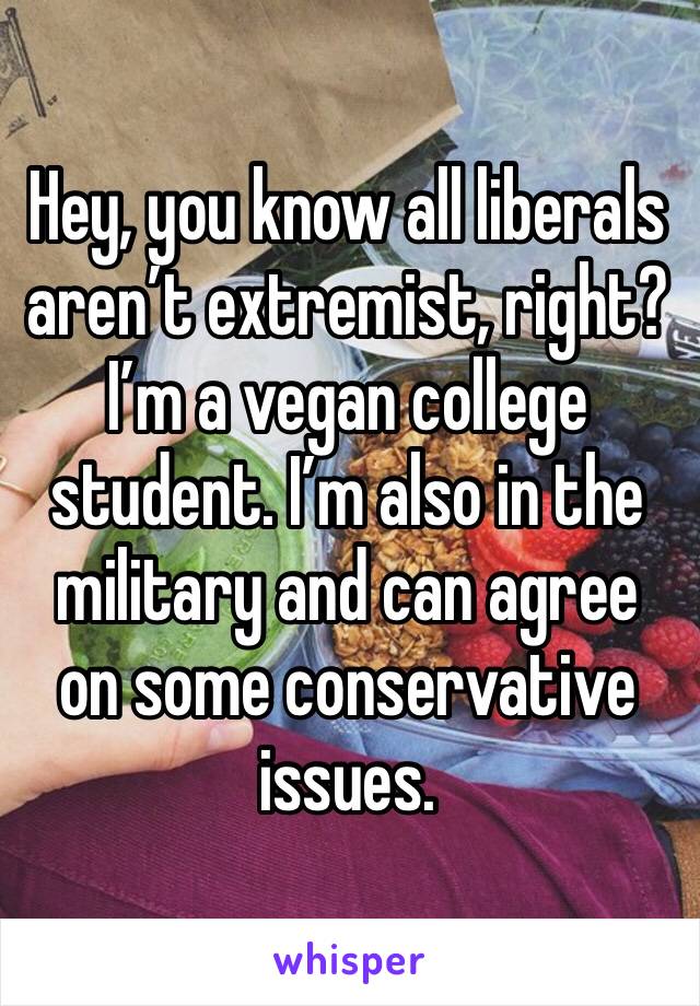 Hey, you know all liberals aren’t extremist, right? I’m a vegan college student. I’m also in the military and can agree on some conservative issues. 