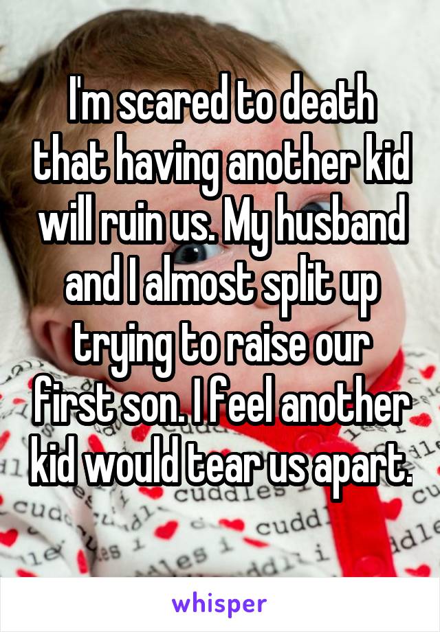 I'm scared to death that having another kid will ruin us. My husband and I almost split up trying to raise our first son. I feel another kid would tear us apart. 