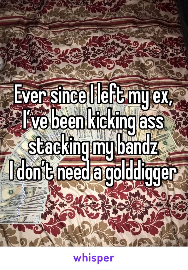 Ever since I left my ex, I’ve been kicking ass stacking my bandz
I don’t need a golddigger 