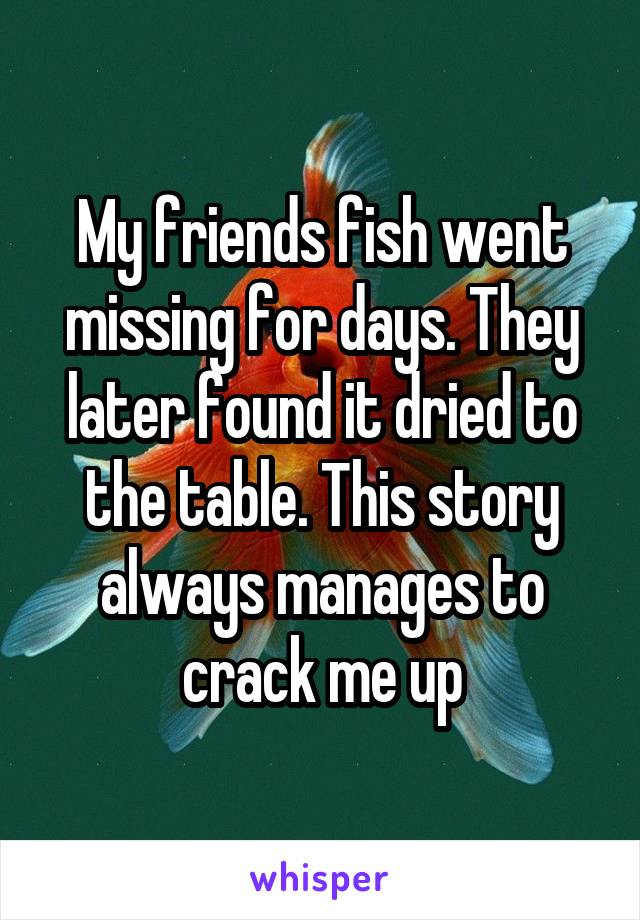 My friends fish went missing for days. They later found it dried to the table. This story always manages to crack me up