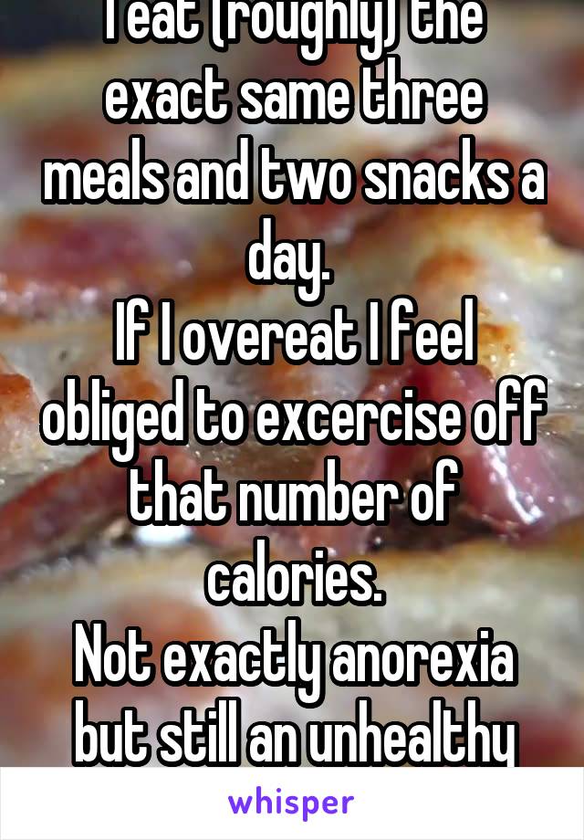 I eat (roughly) the exact same three meals and two snacks a day. 
If I overeat I feel obliged to excercise off that number of calories.
Not exactly anorexia but still an unhealthy way to view food.