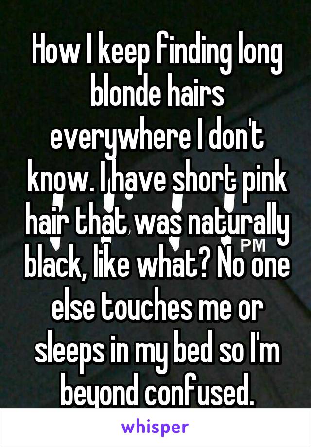 How I keep finding long blonde hairs everywhere I don't know. I have short pink hair that was naturally black, like what? No one else touches me or sleeps in my bed so I'm beyond confused.