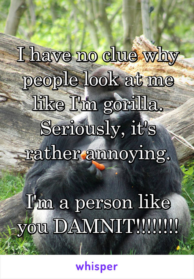 I have no clue why people look at me like I'm gorilla. Seriously, it's rather annoying.

I'm a person like you DAMNIT!!!!!!!!