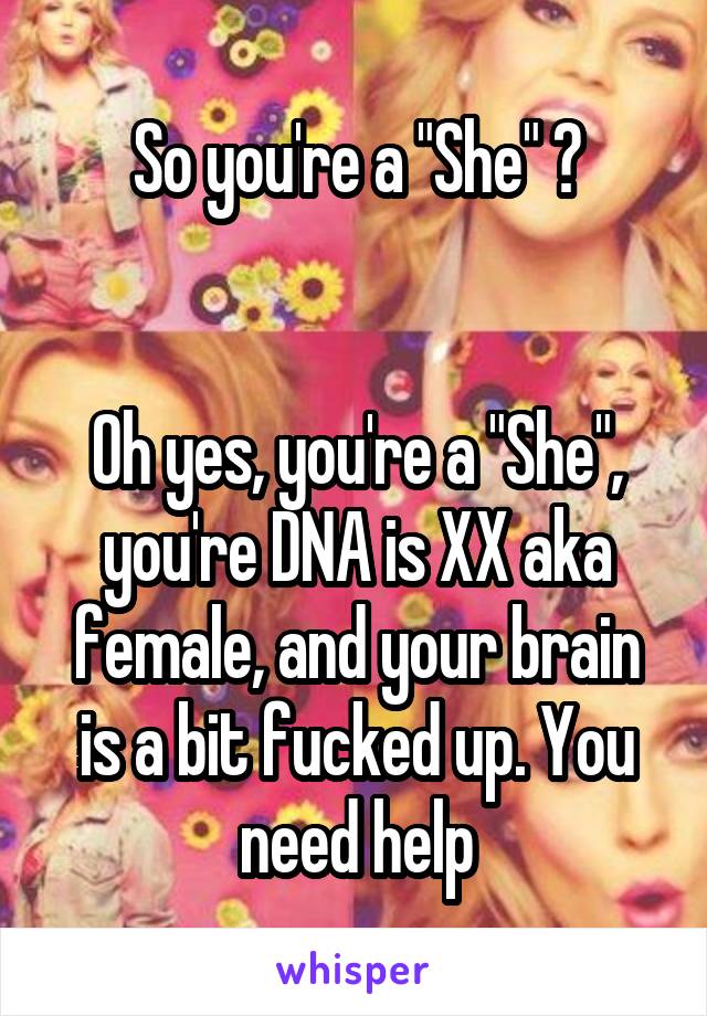 So you're a "She" ?


Oh yes, you're a "She", you're DNA is XX aka female, and your brain is a bit fucked up. You need help