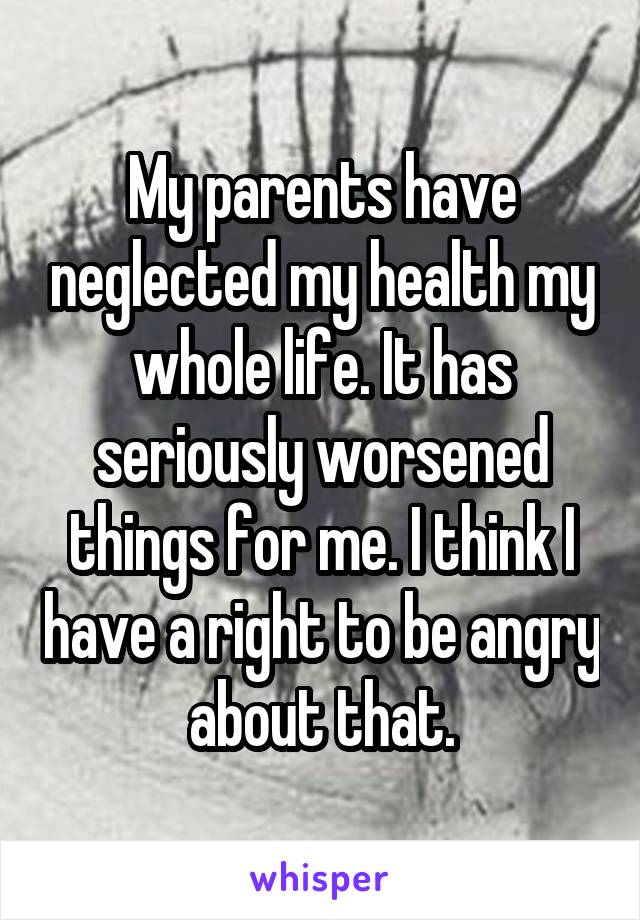 My parents have neglected my health my whole life. It has seriously worsened things for me. I think I have a right to be angry about that.
