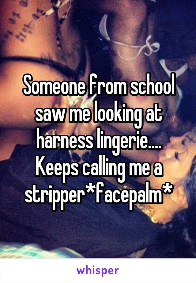 Someone from school saw me looking at harness lingerie....
Keeps calling me a stripper*facepalm*