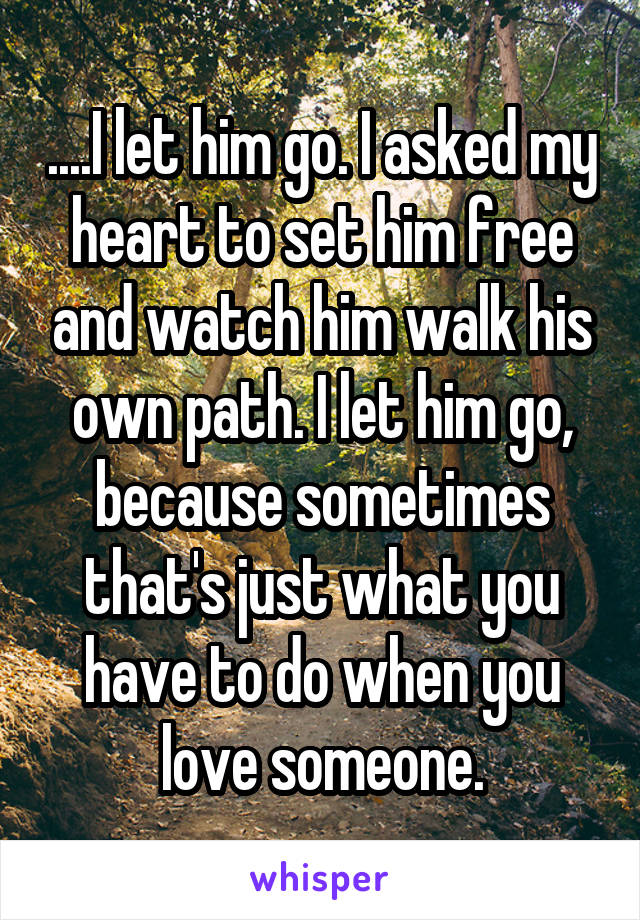 ....I let him go. I asked my heart to set him free and watch him walk his own path. I let him go, because sometimes that's just what you have to do when you love someone.