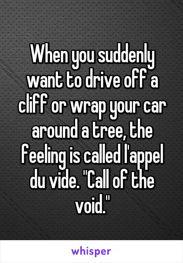 When you suddenly want to drive off a cliff or wrap your car around a tree, the feeling is called l'appel du vide. "Call of the void."