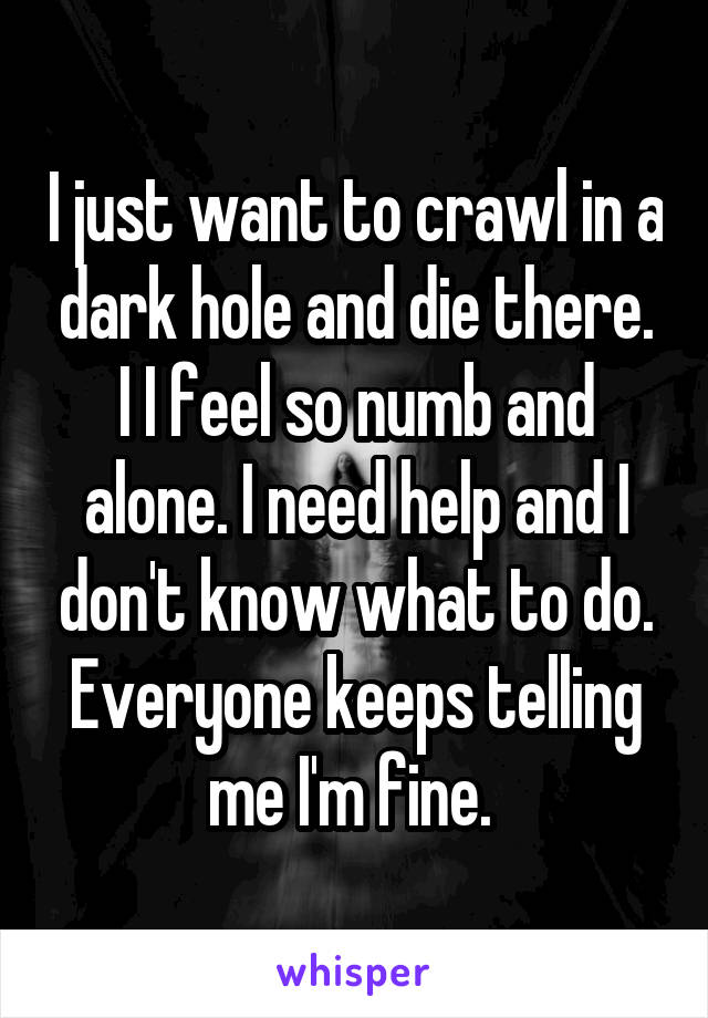 I just want to crawl in a dark hole and die there. I I feel so numb and alone. I need help and I don't know what to do. Everyone keeps telling me I'm fine. 