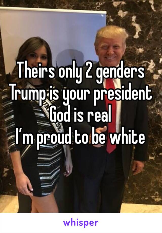 Theirs only 2 genders 
Trump is your president 
God is real
I’m proud to be white 
