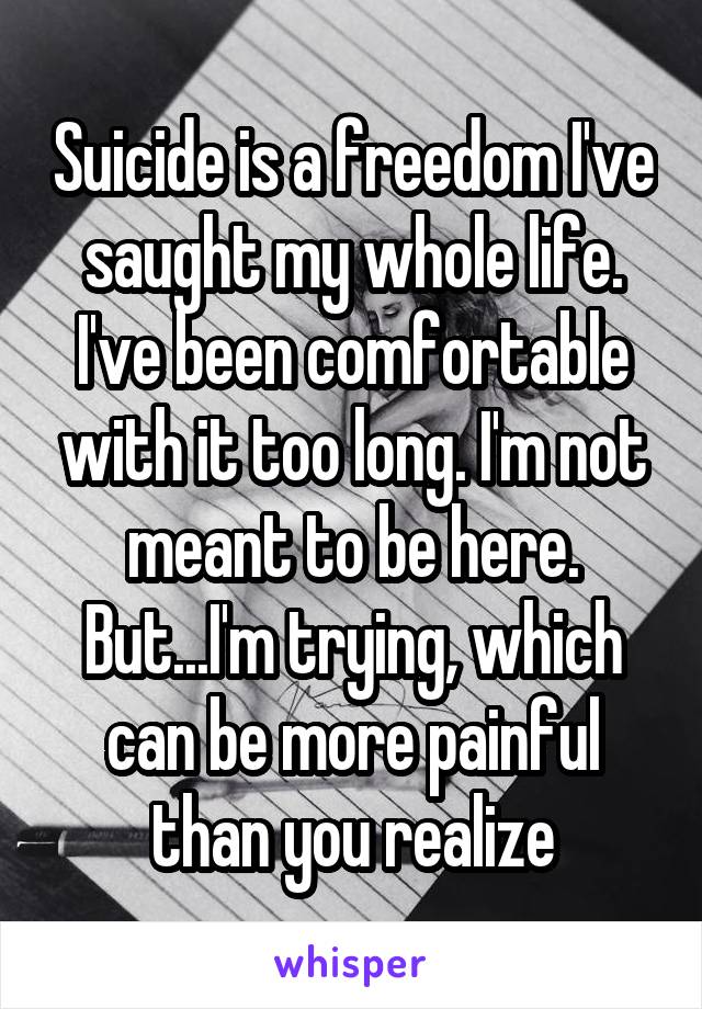 Suicide is a freedom I've saught my whole life. I've been comfortable with it too long. I'm not meant to be here. But...I'm trying, which can be more painful than you realize