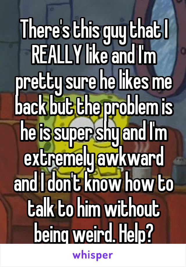 There's this guy that I REALLY like and I'm pretty sure he likes me back but the problem is he is super shy and I'm extremely awkward and I don't know how to talk to him without being weird. Help?