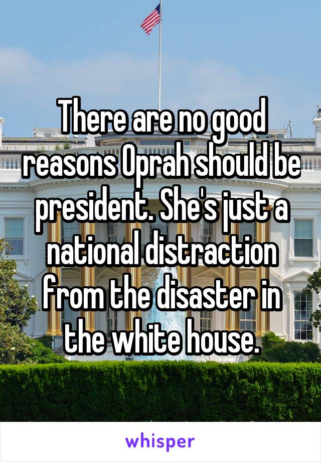 There are no good reasons Oprah should be president. She's just a national distraction from the disaster in the white house.