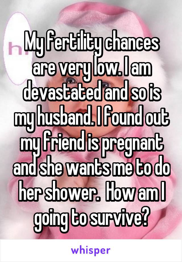 My fertility chances are very low. I am devastated and so is my husband. I found out my friend is pregnant and she wants me to do her shower.  How am I going to survive?