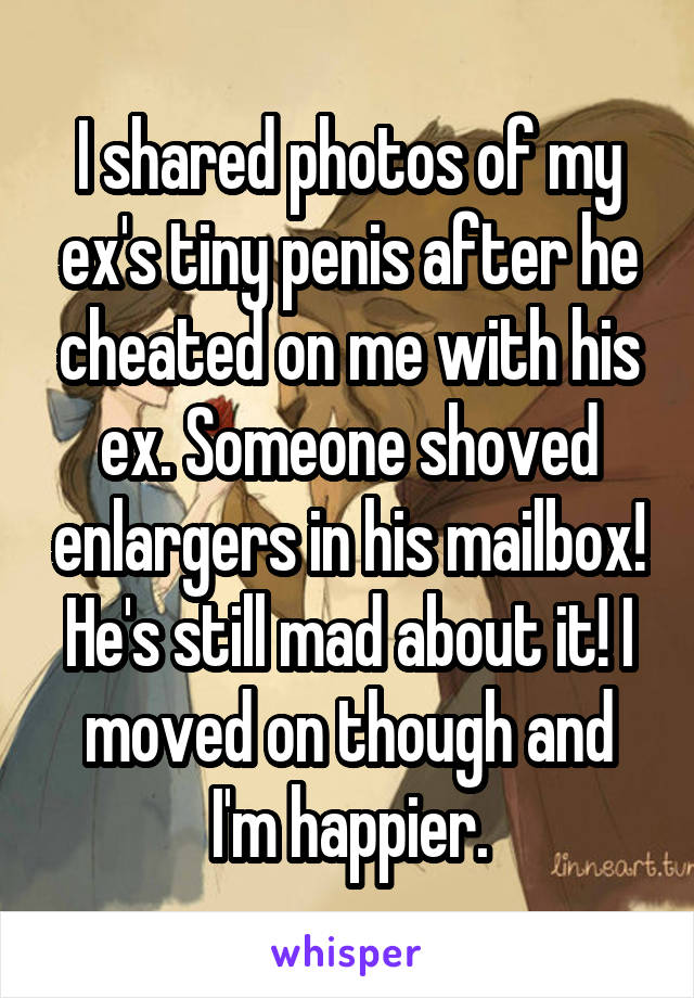 I shared photos of my ex's tiny penis after he cheated on me with his ex. Someone shoved enlargers in his mailbox! He's still mad about it! I moved on though and I'm happier.
