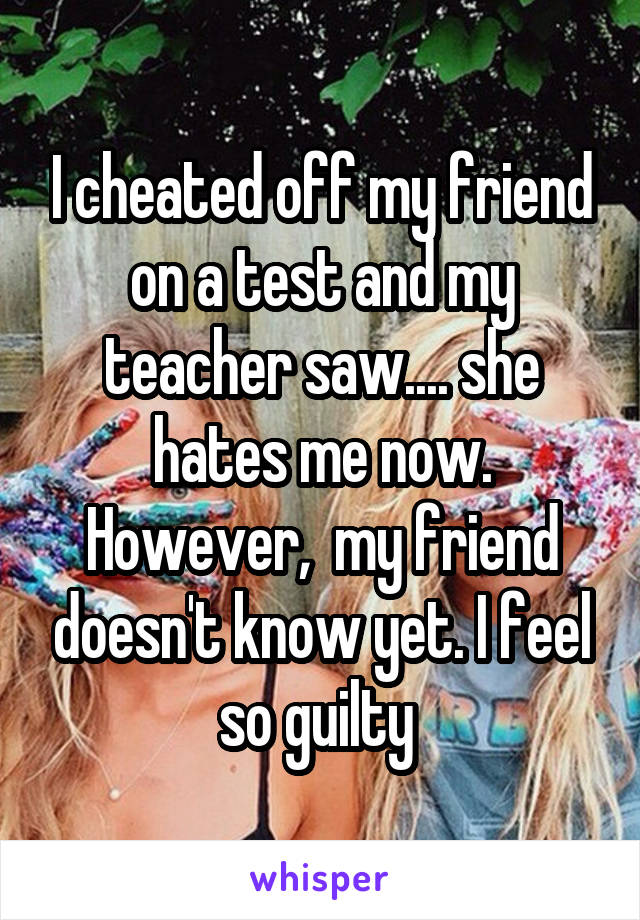 I cheated off my friend on a test and my teacher saw.... she hates me now. However,  my friend doesn't know yet. I feel so guilty 