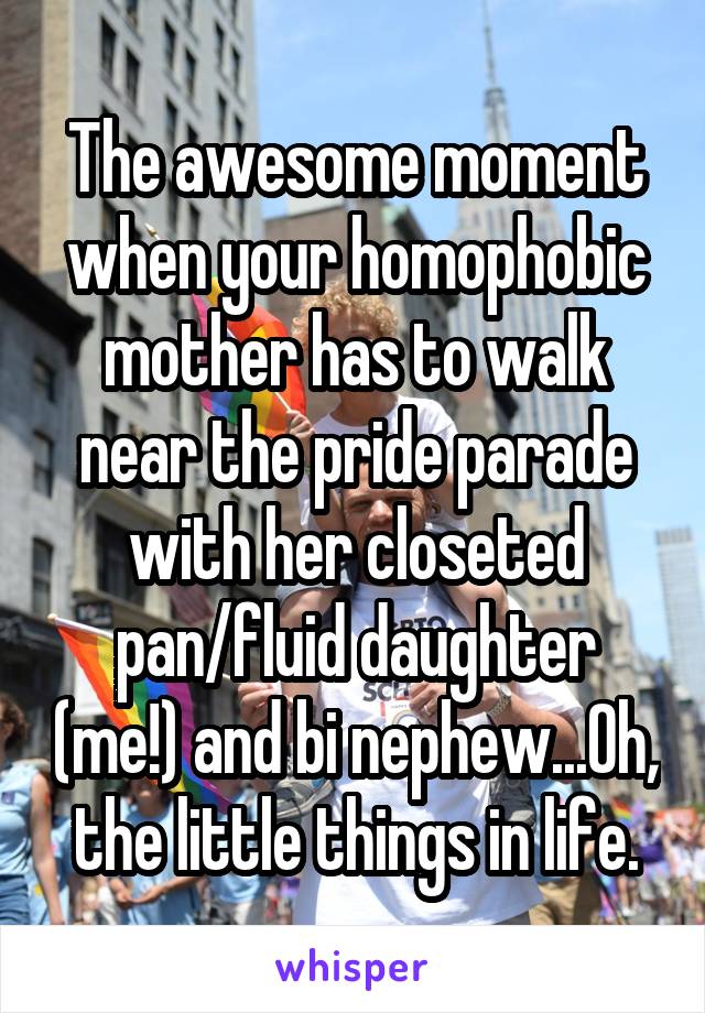 The awesome moment when your homophobic mother has to walk near the pride parade with her closeted pan/fluid daughter (me!) and bi nephew...Oh, the little things in life.