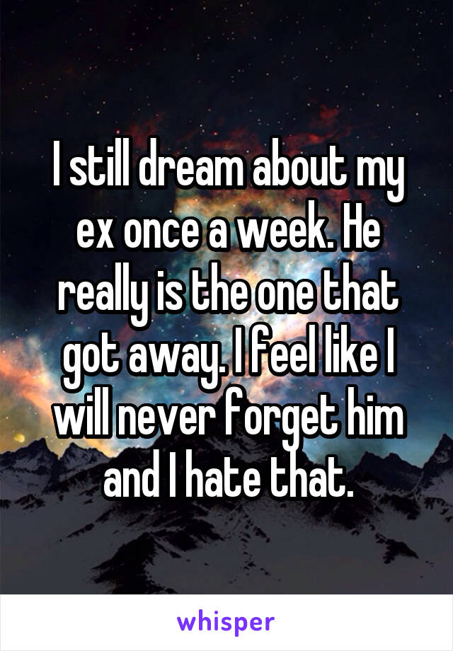 I still dream about my ex once a week. He really is the one that got away. I feel like I will never forget him and I hate that.