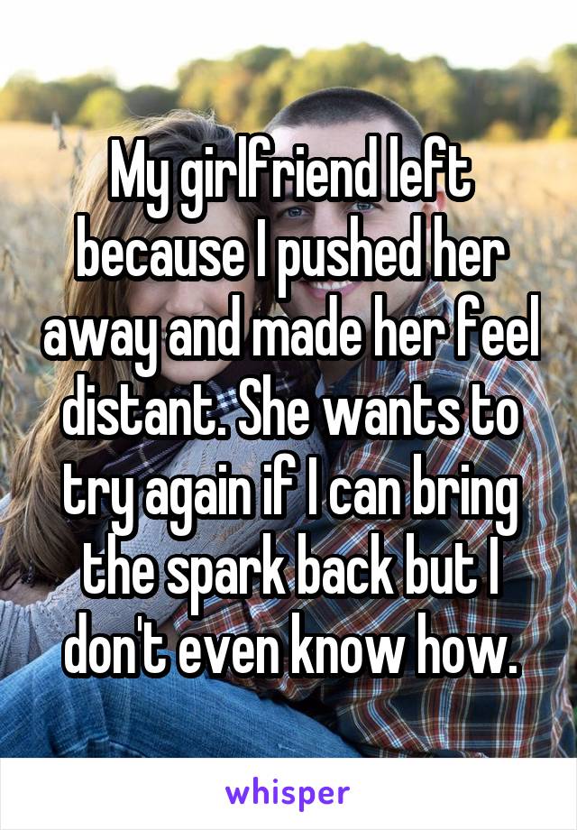 My girlfriend left because I pushed her away and made her feel distant. She wants to try again if I can bring the spark back but I don't even know how.