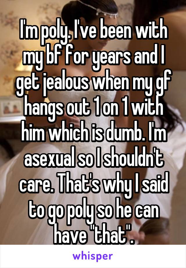 I'm poly. I've been with my bf for years and I get jealous when my gf hangs out 1 on 1 with him which is dumb. I'm asexual so I shouldn't care. That's why I said to go poly so he can have "that".