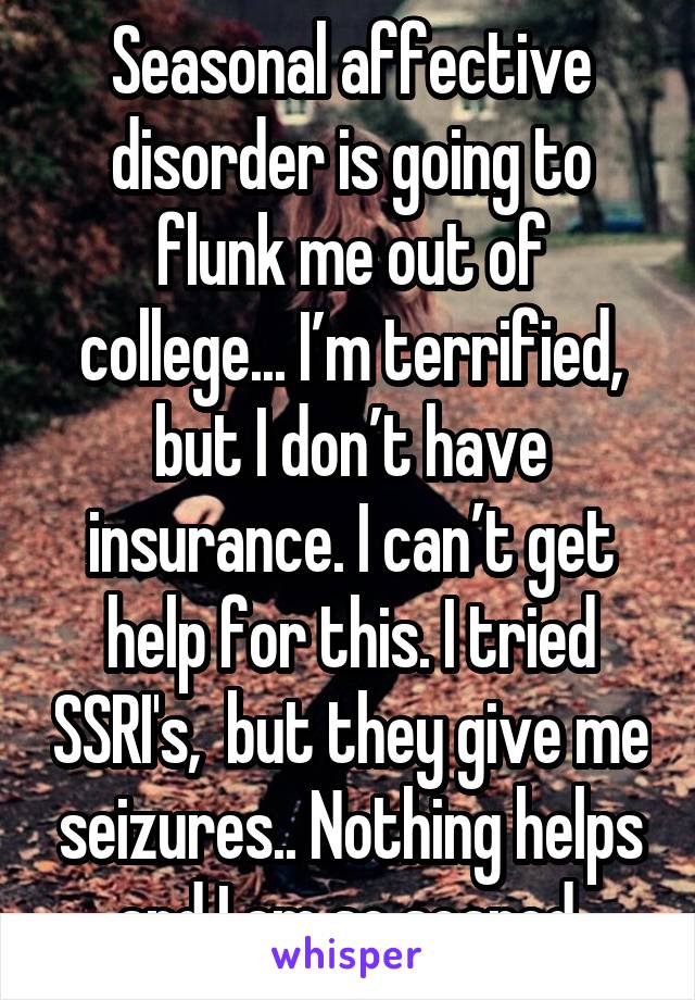 Seasonal affective disorder is going to flunk me out of college... I’m terrified, but I don’t have insurance. I can’t get help for this. I tried SSRI's,  but they give me seizures.. Nothing helps and I am so scared.